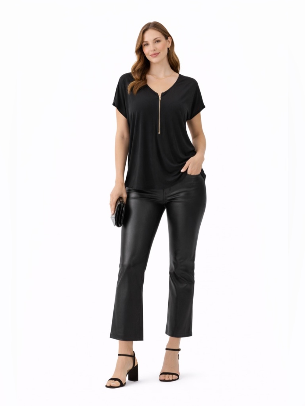 Green Envelope Black Relaxed Zip Front Blouse